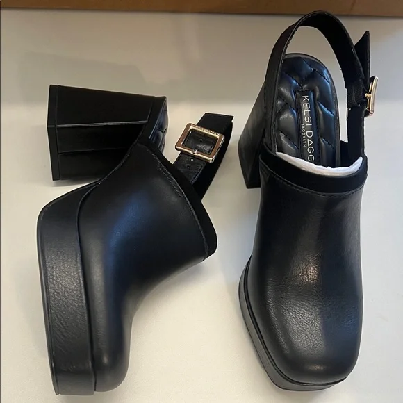 Kelsi Dagger Black Leather Mules with Gold Buckle - Picture 2 of 4